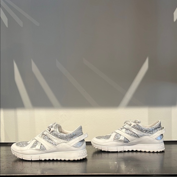 Jimmy Choo Silver Glitter and White Leather Sneakers - Picture 5 of 15